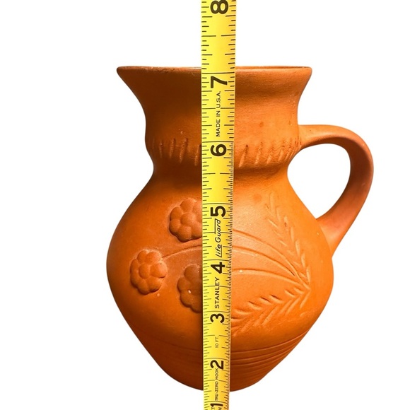 Moldova Clay Terracotta Pitcher Floral Design Handmade Pottery Vintage 7” - Picture 7 of 8